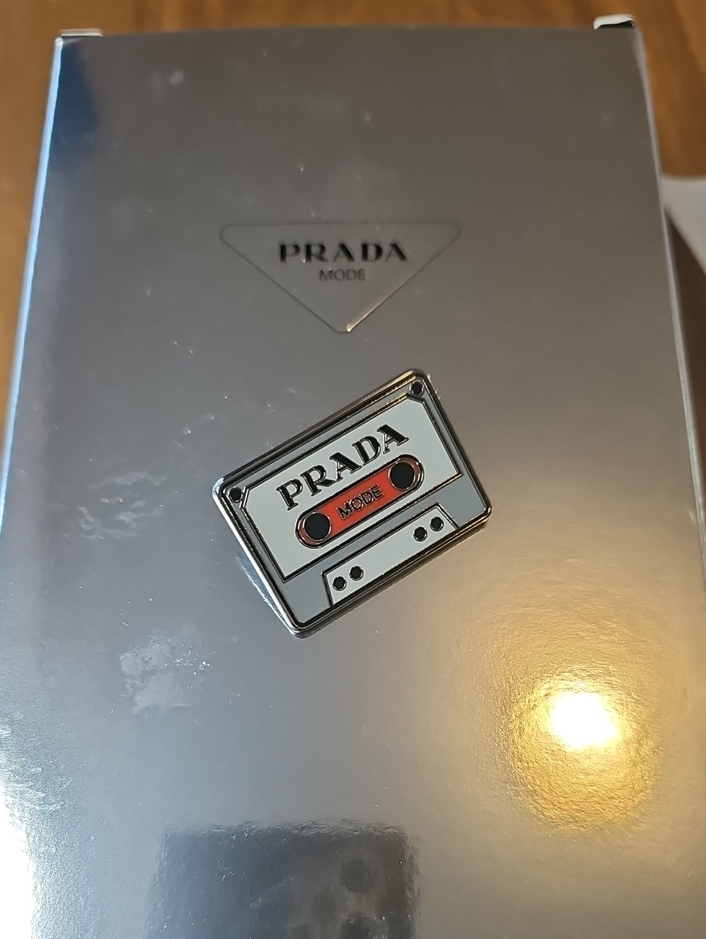 Prada Men’s Silver Enamel Cassette Pin with White and Red Details